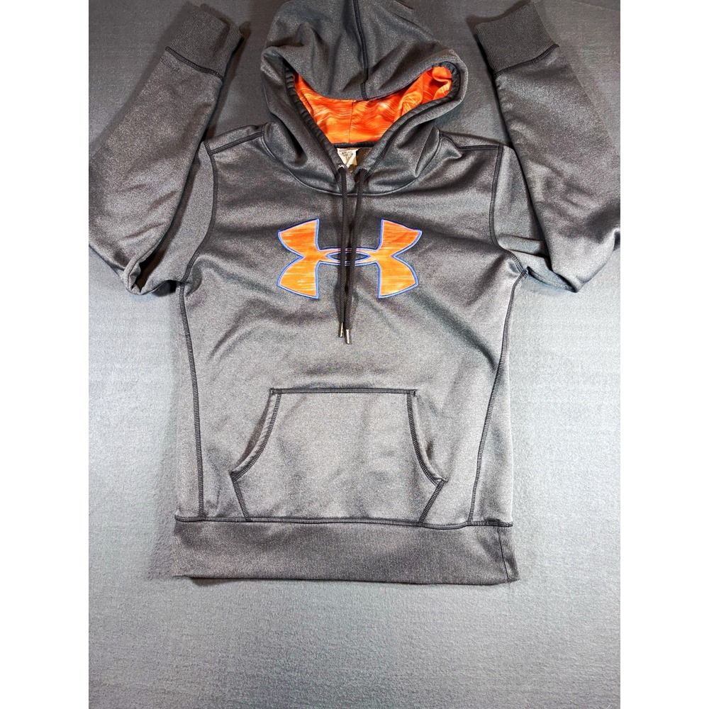 Under Armour ColdGear Mens Small Gray Orange Big Logo Hoodie Loose Y2K Gorpcore